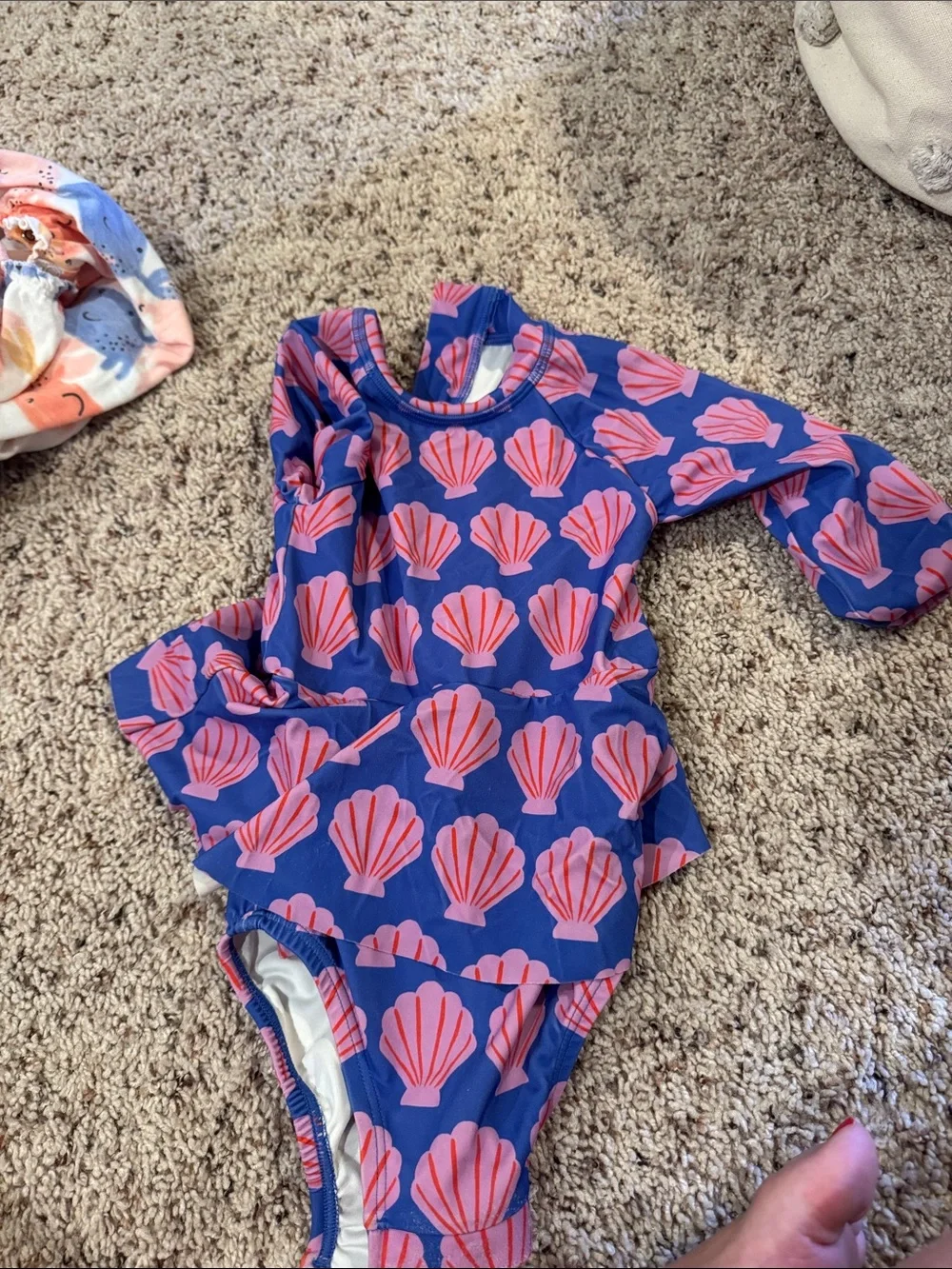 Kids Long-Sleeve Seashell One-Piece Swimsuit - Pink on Blue